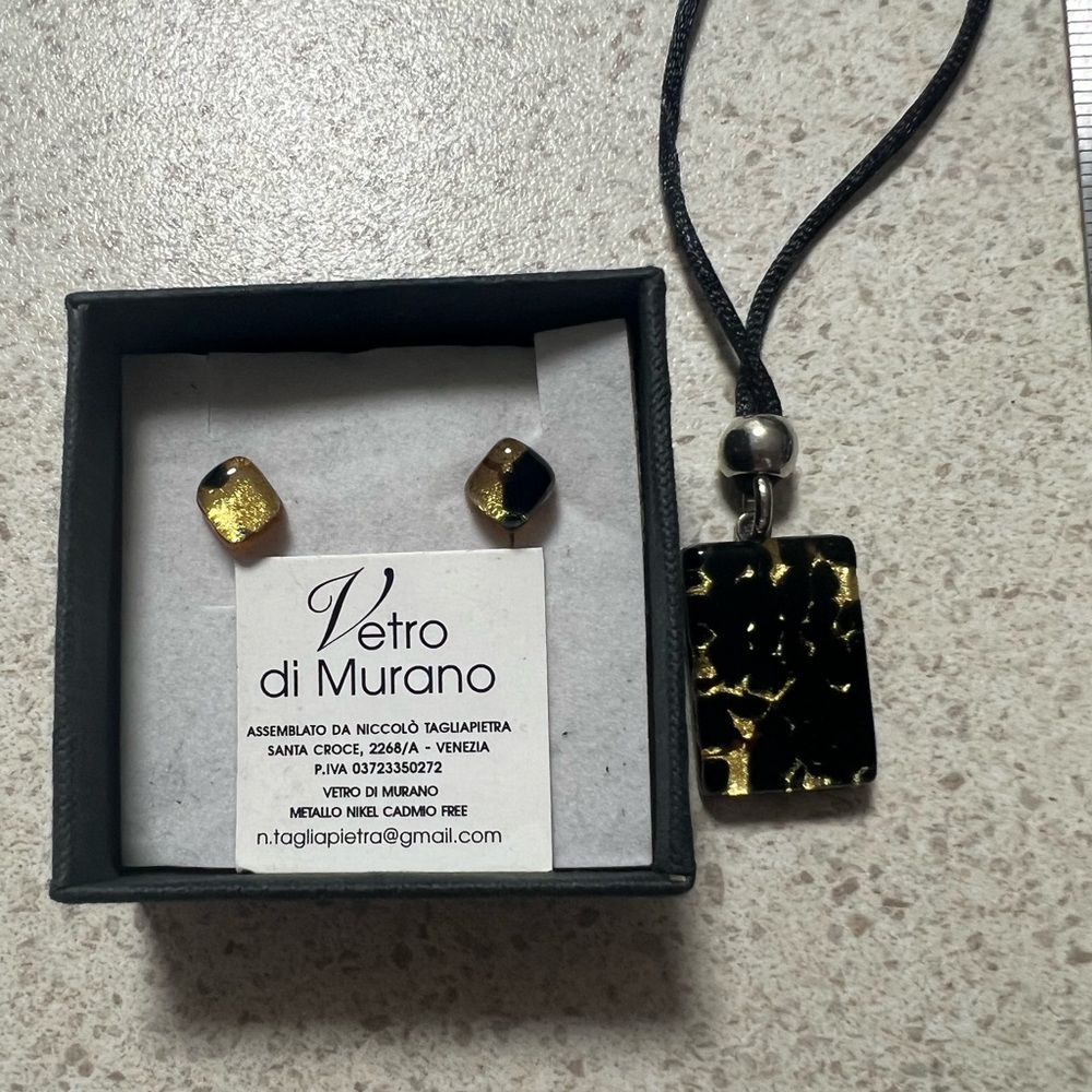 MURANO Glass Necklace & Earrings Black & Gold Detail - Picture 1 of 10
